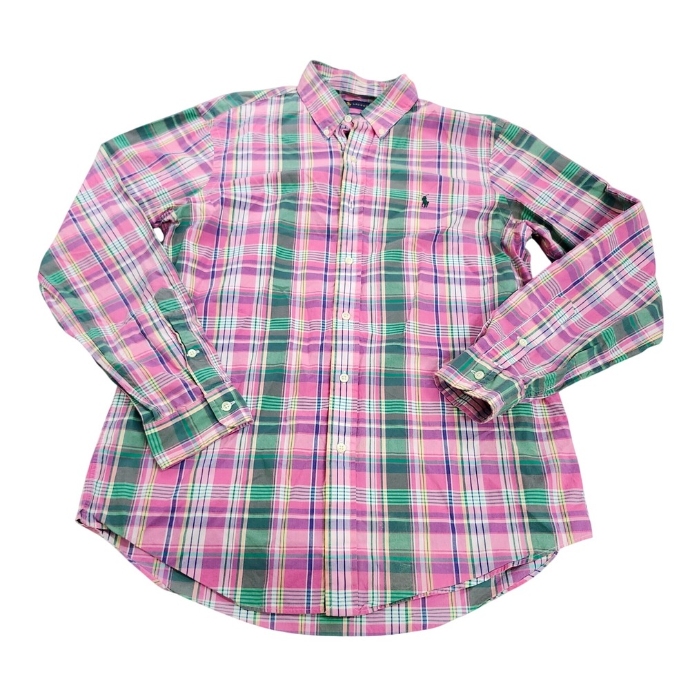 Polo Ralph Lauren Button-Down Mens M Plaid Pink Green Purple Long Sleeve EUC